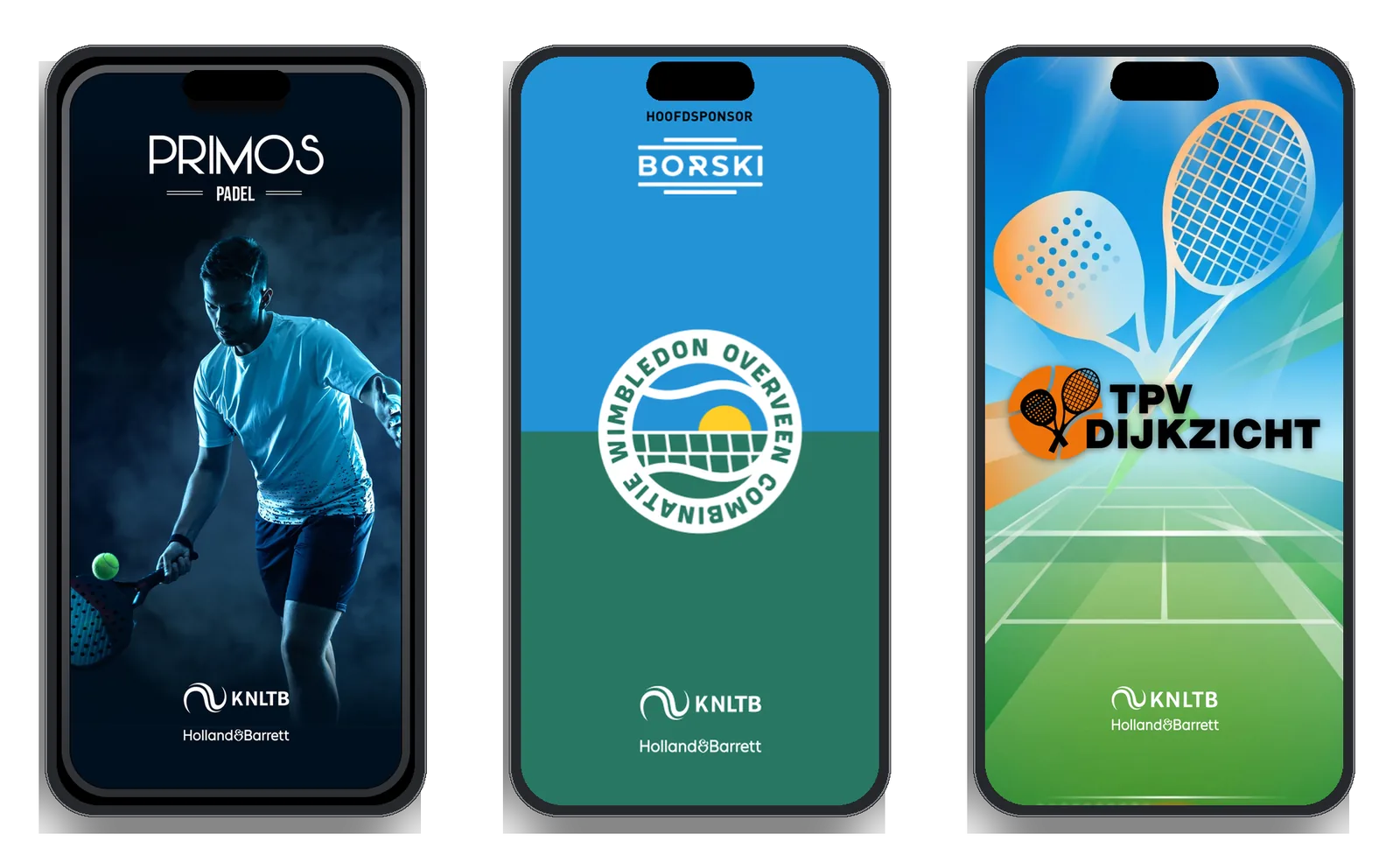 Drie clubs met hun eigen branded ClubApp in eigen kleuren