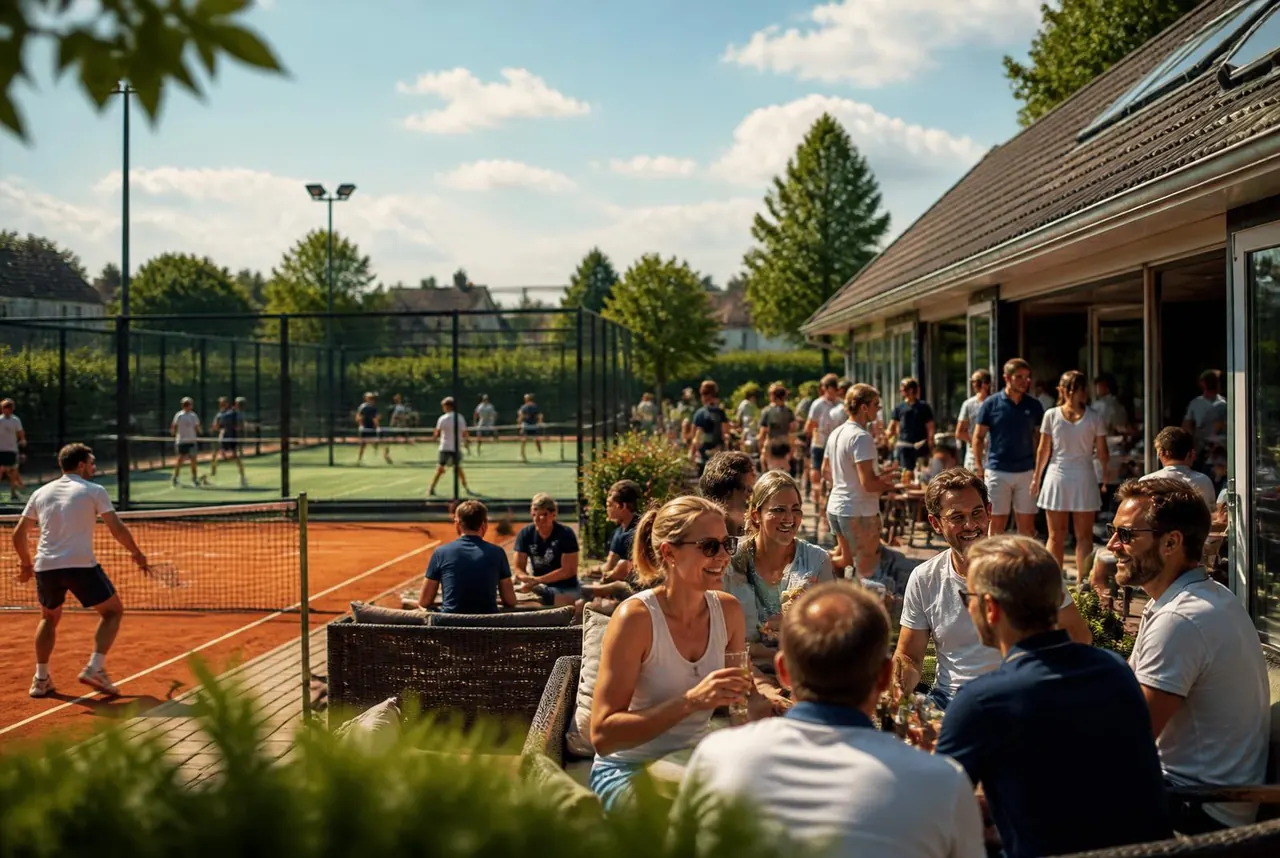 Leden en bestuursleden genieten samen op het clubterras